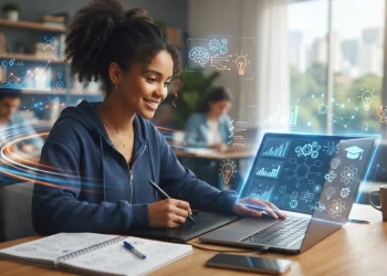 Ilustração de um estudante utilizando plataforma digital com gráficos, textos e ícones de inteligência artificial ao redor, r