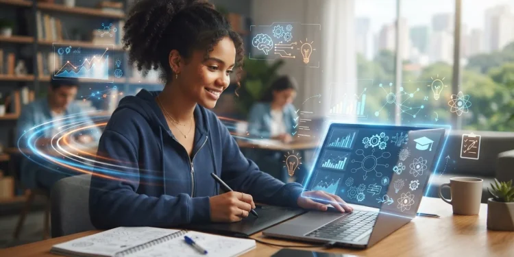 Como a Inteligência Artificial Pode Potencializar Seus Estudos para o ENEM e Vestibulares 1 Ilustração de um estudante utilizando plataforma digital com gráficos, textos e ícones de inteligência artificial ao redor, r