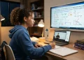 Estudante assistindo a uma aula online de Física, com quadro-negro digital mostrando fórmulas e gráficos físicos