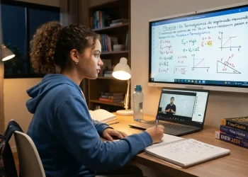Estudante assistindo a uma aula online de Física, com quadro-negro digital mostrando fórmulas e gráficos físicos