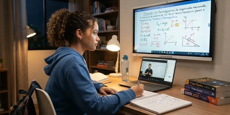 Como Tirar o Máximo das Aulas de Física para se Destacar no ENEM 5 Estudante assistindo a uma aula online de Física, com quadro-negro digital mostrando fórmulas e gráficos físicos