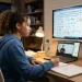 Estudante assistindo a uma aula online de Física, com quadro-negro digital mostrando fórmulas e gráficos físicos